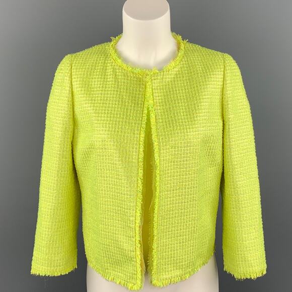 GIAMBATTISTA VALLI Size 8 Green Woven Paper Blend Cropped Open Front Jacket - Picture 1 of 5